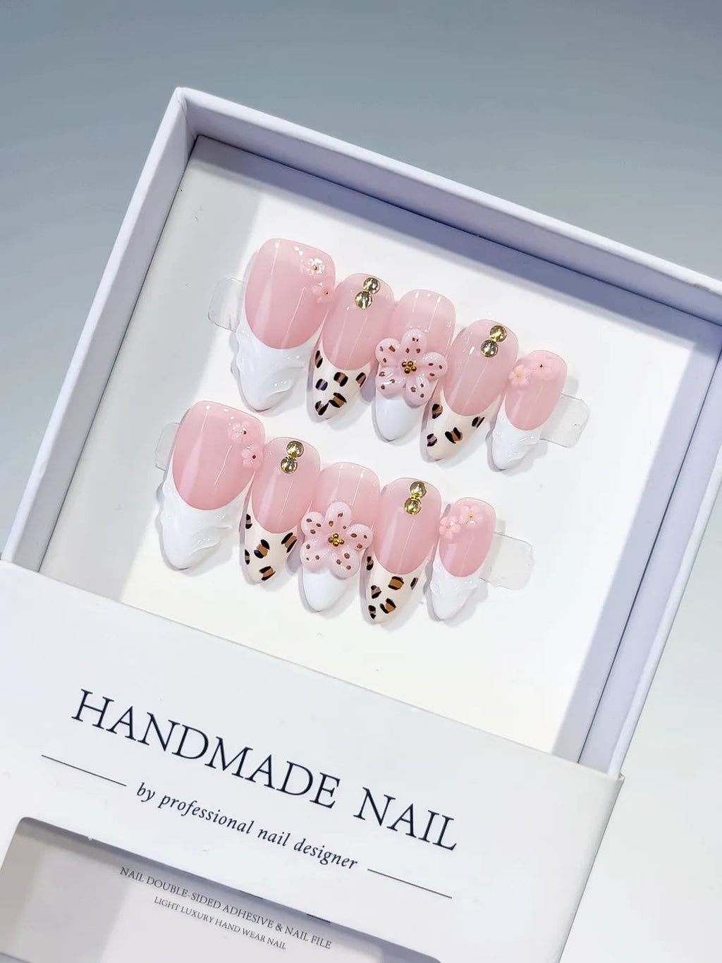D524 - Medium Pink White Almond French tip Flower Animal Print VibeNailsLab