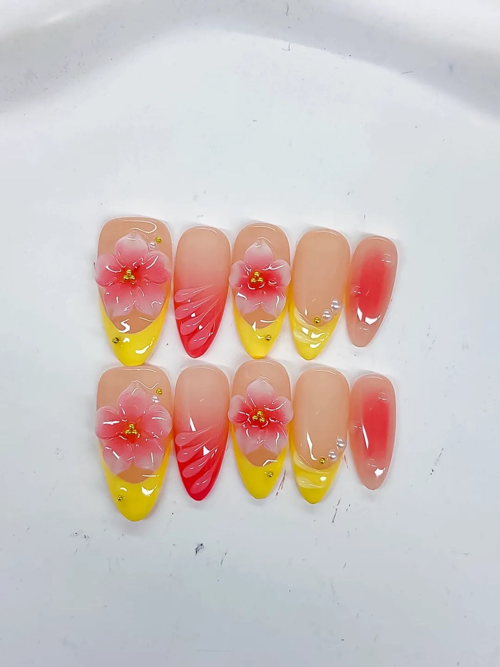 D525 - Medium Nude Yellow Almond French tip Flower Shell