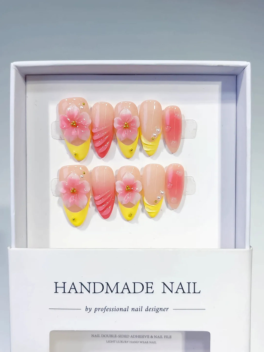 D525 - Medium Nude Yellow Almond French tip Flower Shell