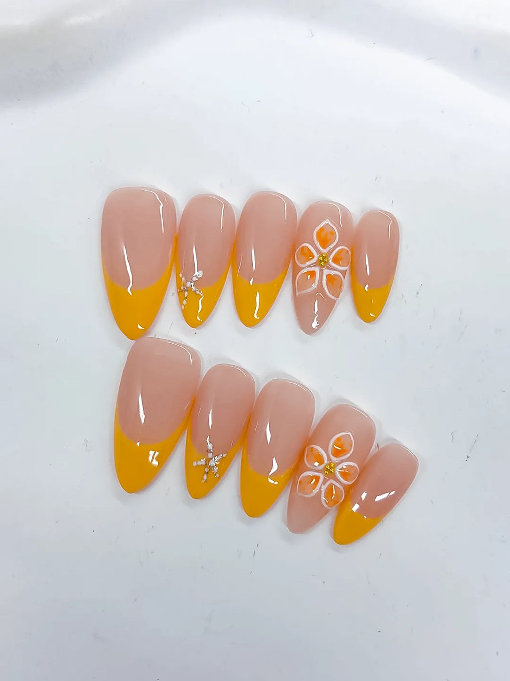 D529 - Medium Nude Yellow Almond French tip Flower Rhinestone