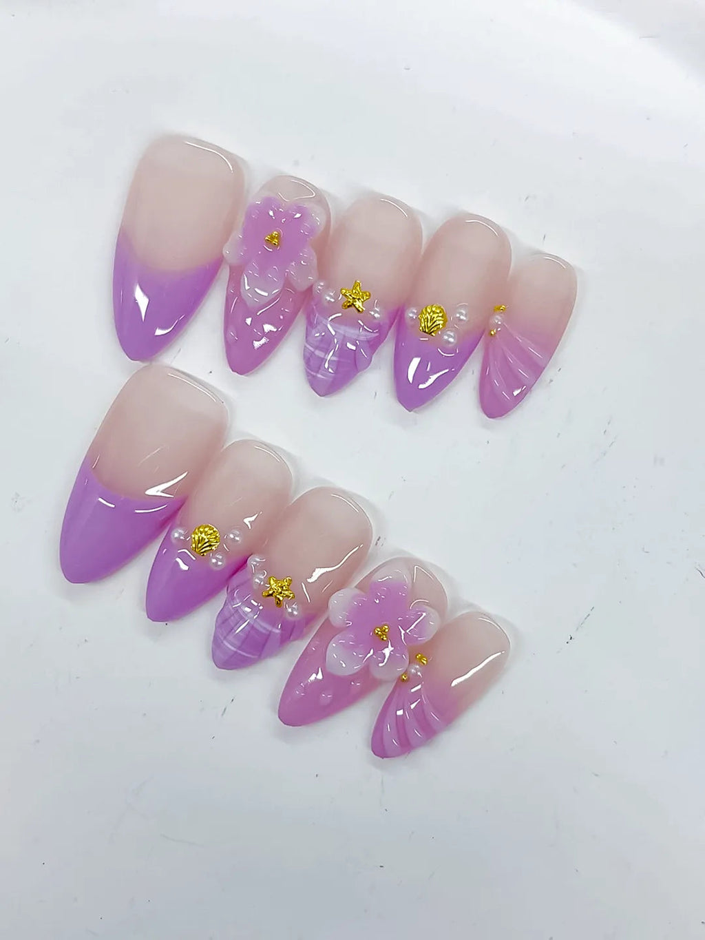 D530 - Medium Nude Purple Almond Ombre Flower Shell VibeNailsLab