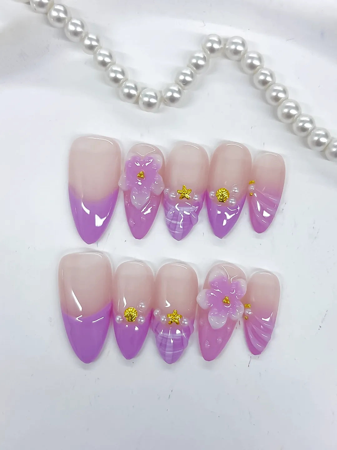 D530 - Medium Nude Purple Almond Ombre Flower Shell VibeNailsLab