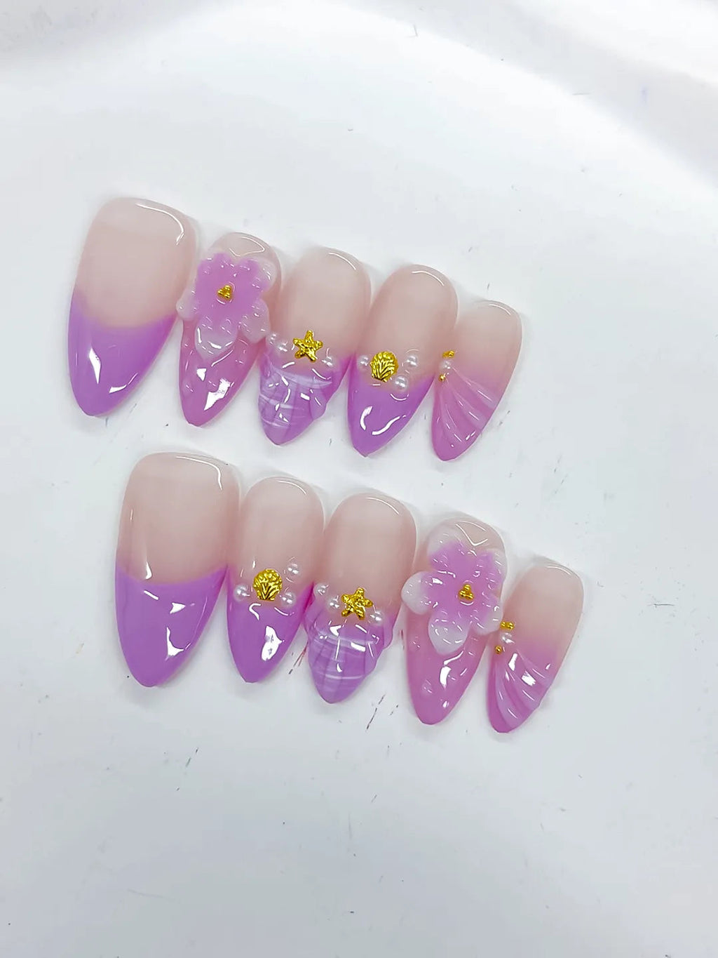 D530 - Medium Nude Purple Almond Ombre Flower Shell VibeNailsLab