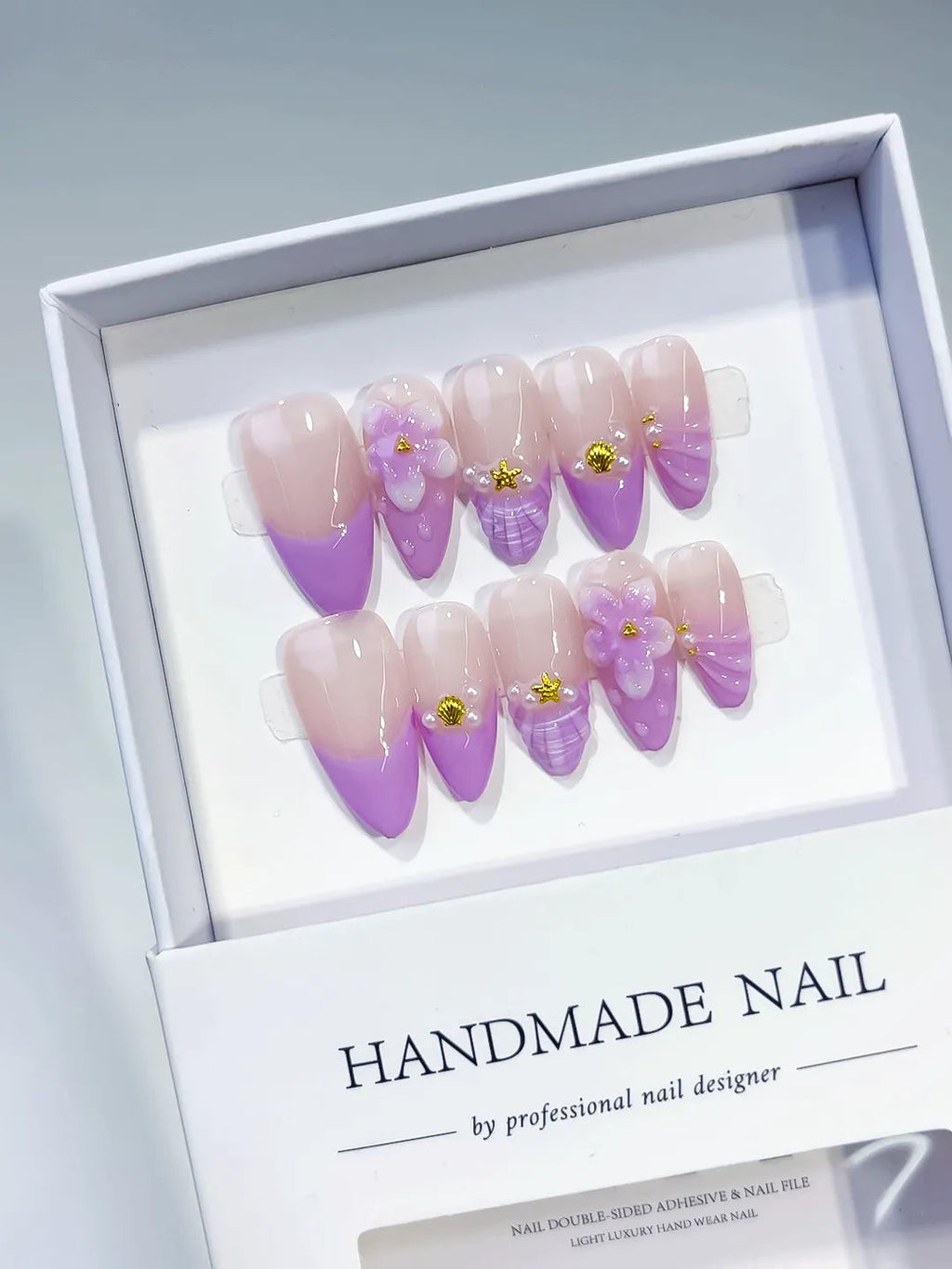 D530 - Medium Nude Purple Almond Ombre Flower Shell VibeNailsLab