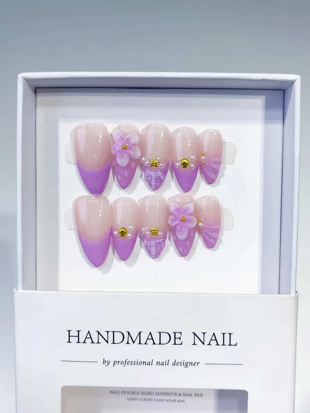 D530 - Medium Nude Purple Almond Ombre Flower Shell VibeNailsLab