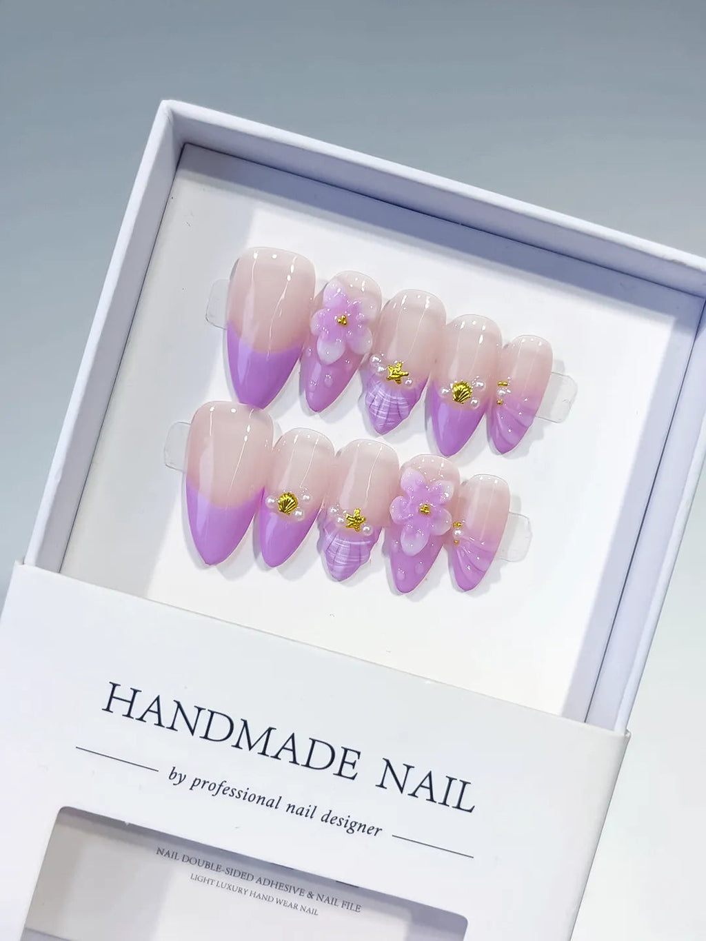 D530 - Medium Nude Purple Almond Ombre Flower Shell VibeNailsLab
