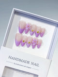 D530 - Medium Nude Purple Almond Ombre Flower Shell VibeNailsLab