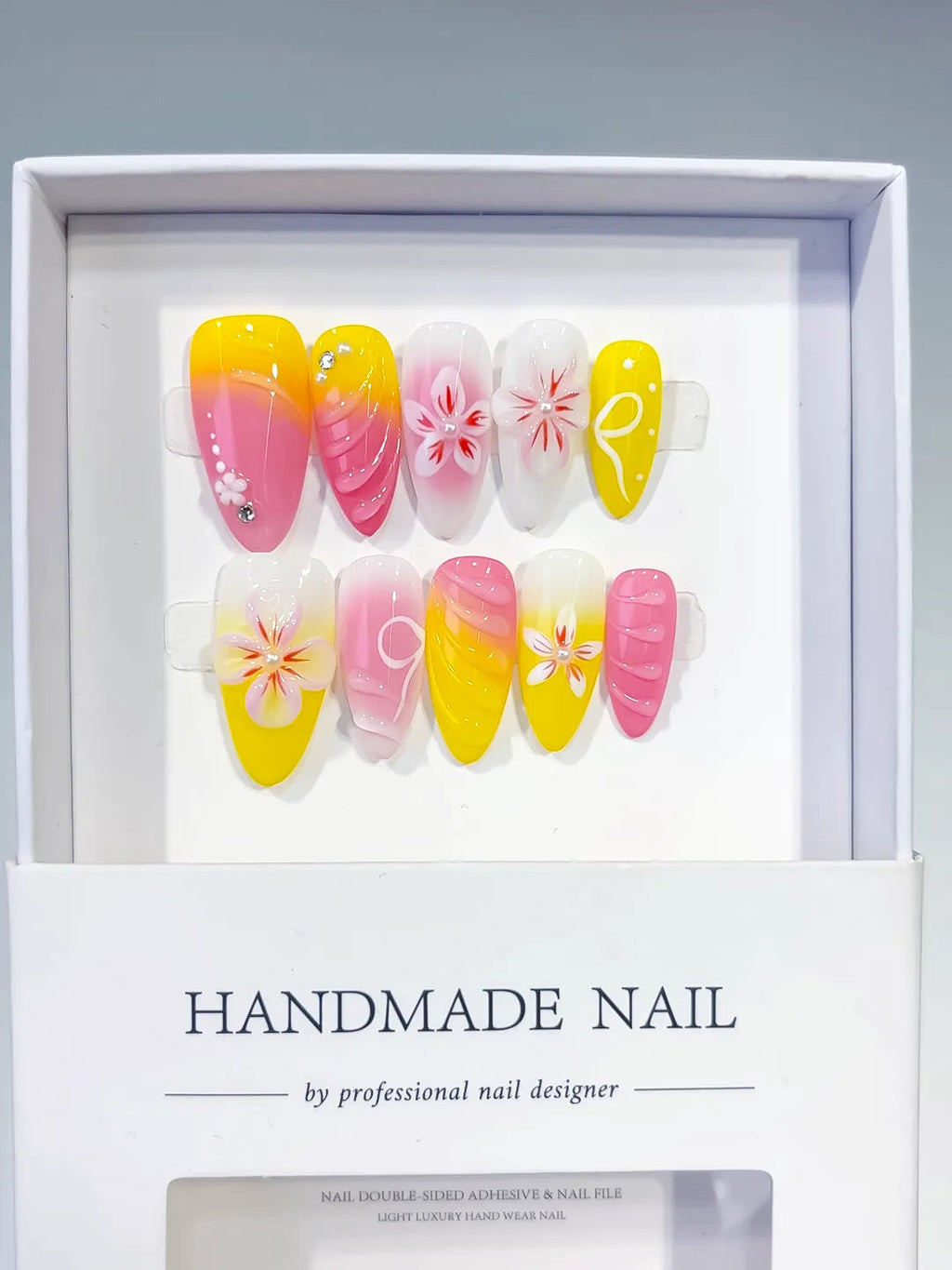 D536 - Medium Pink Yellow Almond Ombre Flower Rhinestone VibeNailsLab