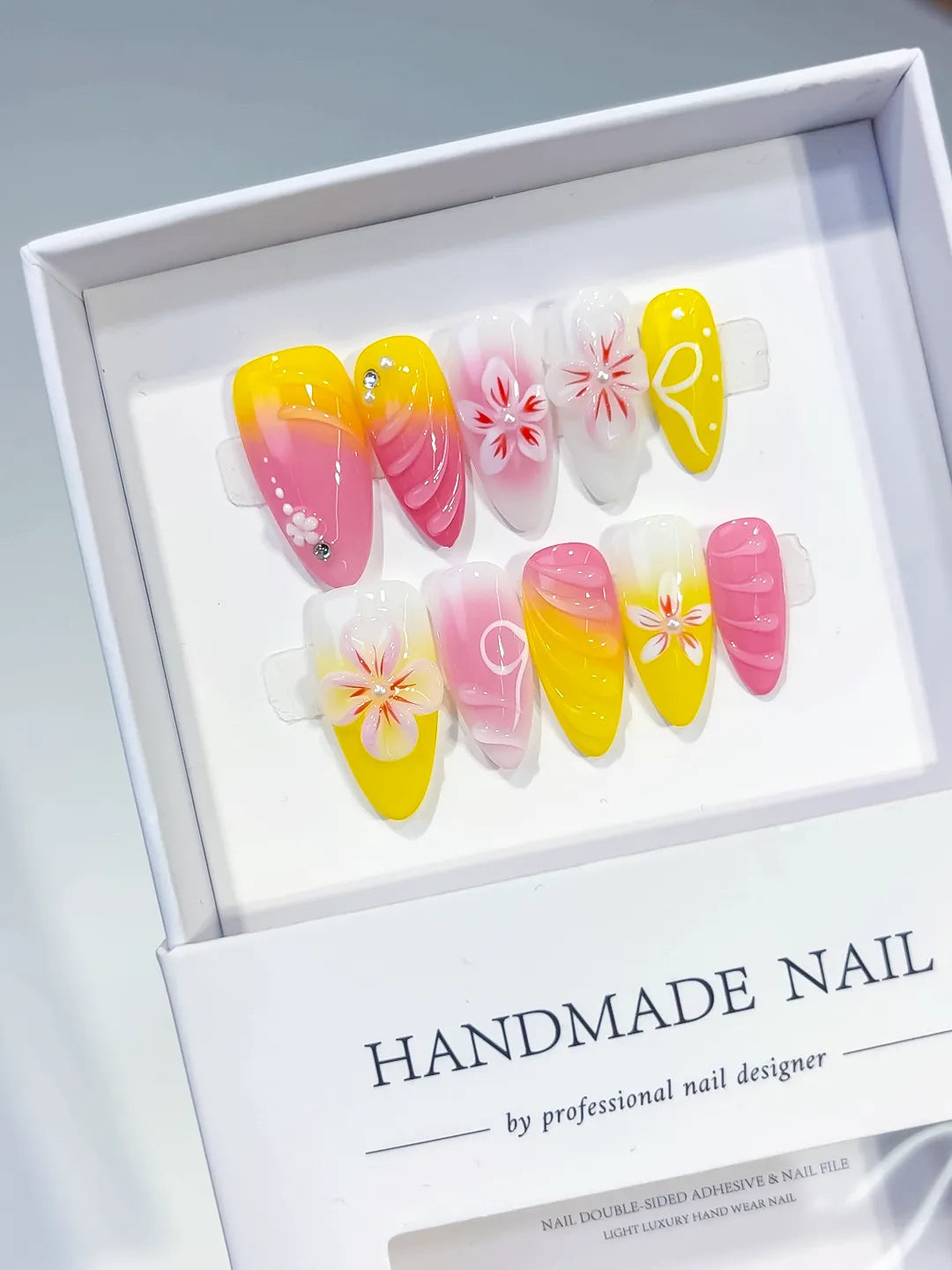 D536 - Medium Pink Yellow Almond Ombre Flower Rhinestone VibeNailsLab