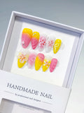 D536 - Medium Pink Yellow Almond Ombre Flower Rhinestone VibeNailsLab