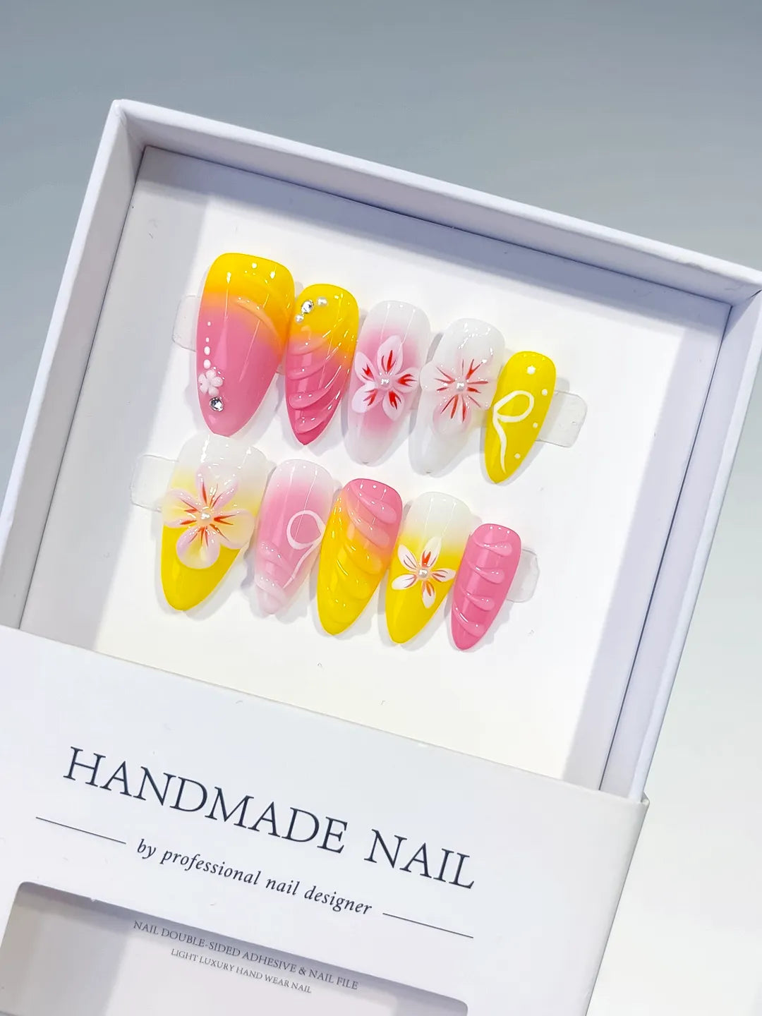 D536 - Medium Pink Yellow Almond Ombre Flower Rhinestone VibeNailsLab