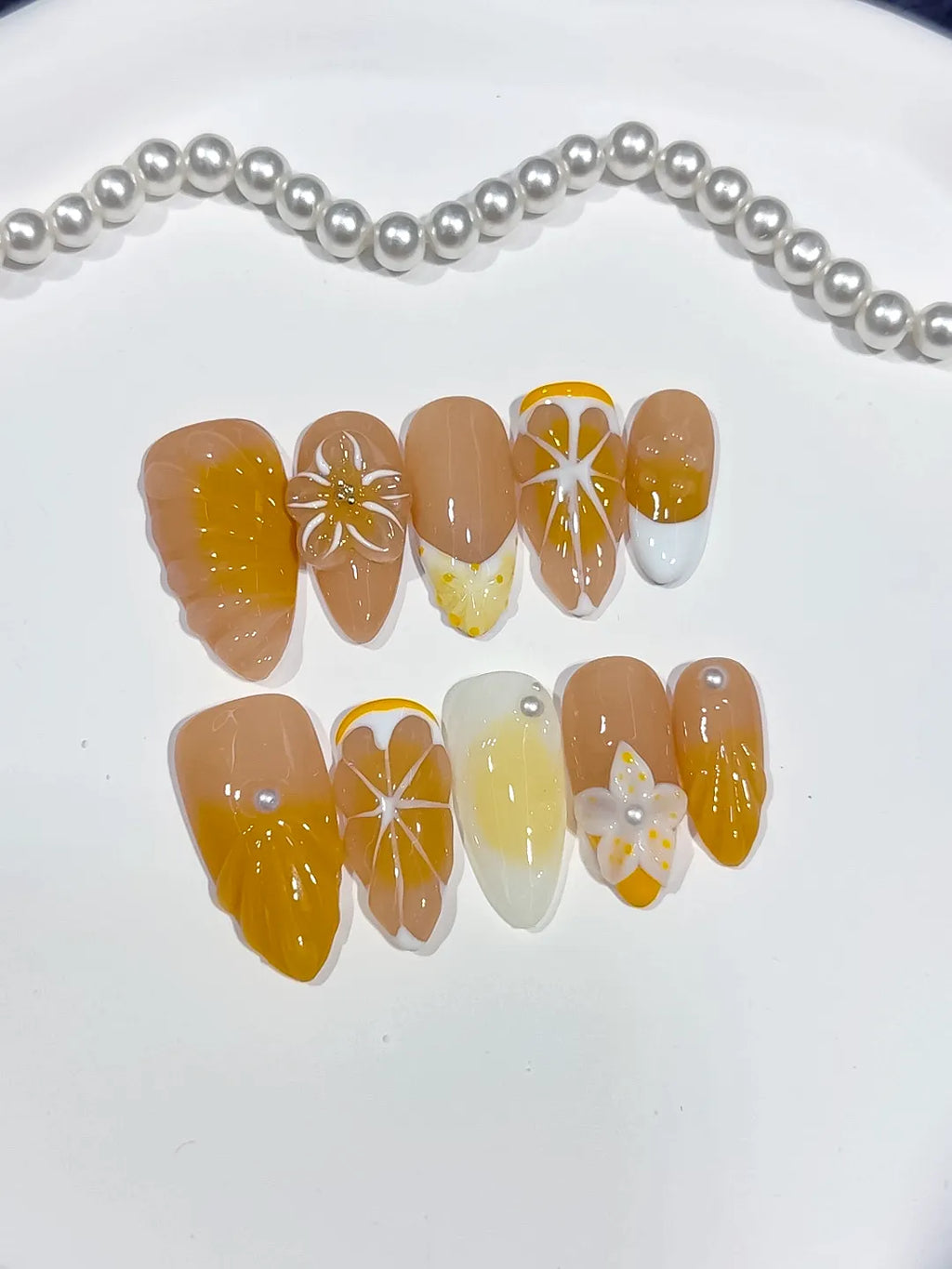 D538 - Medium Nude Yellow Almond French tip Flower Fruit