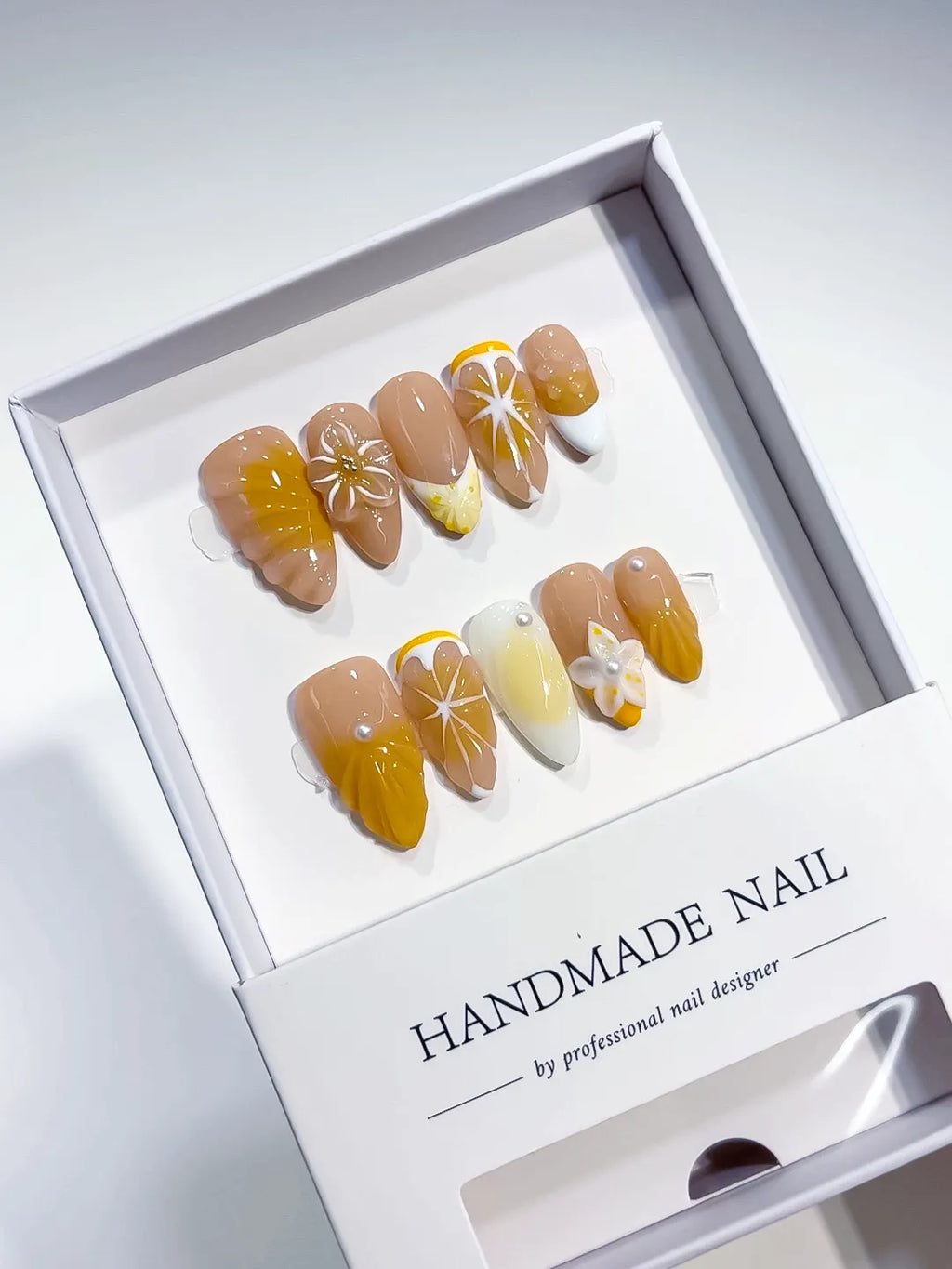 D538 - Medium Nude Yellow Almond French tip Flower Fruit