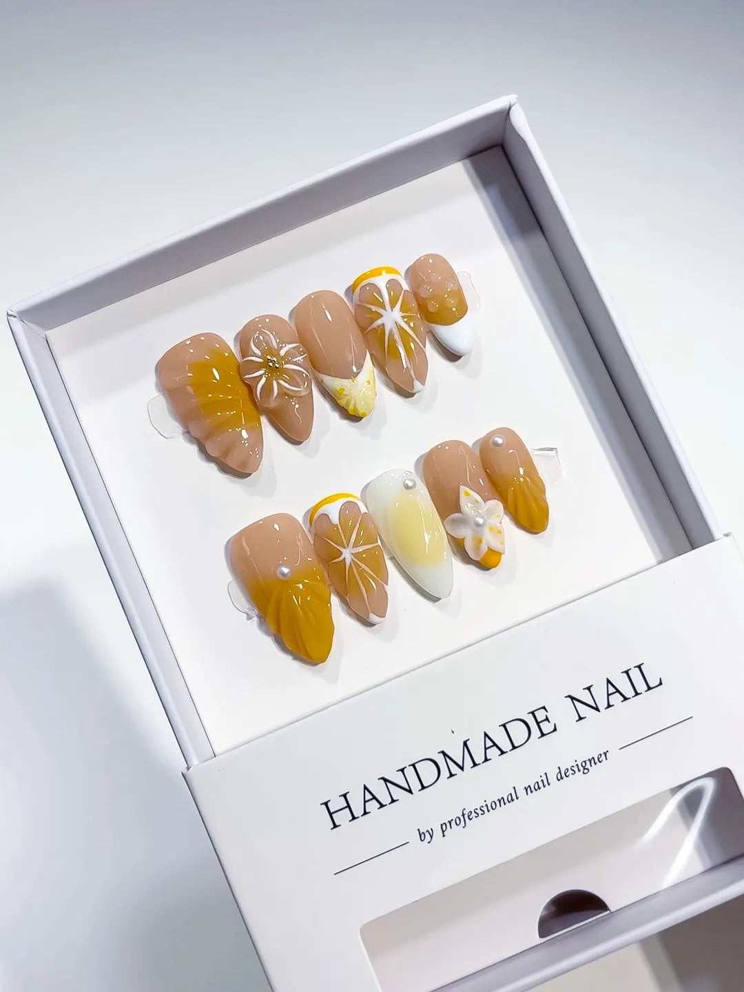 D538 - Medium Nude Yellow Almond French tip Flower Fruit