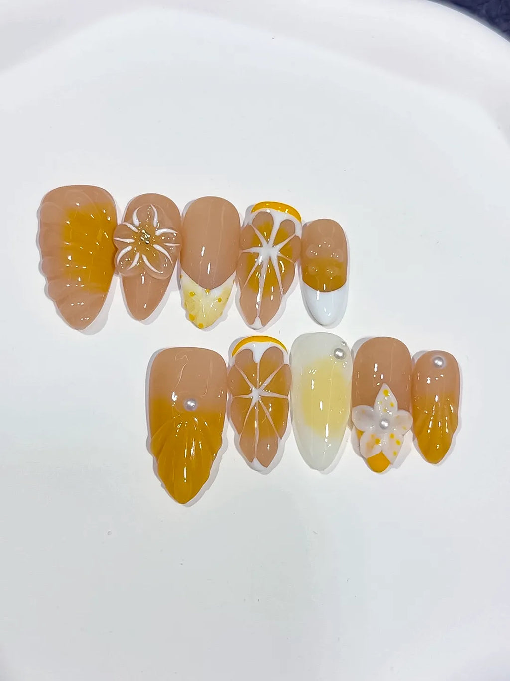 D538 - Medium Nude Yellow Almond French tip Flower Fruit