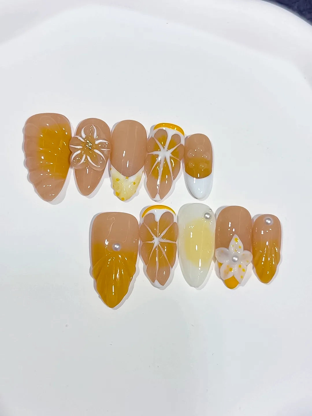 D538 - Medium Nude Yellow Almond French tip Flower Fruit