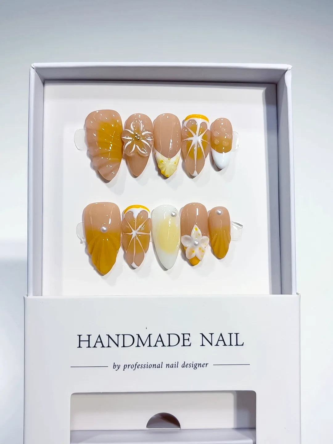 D538 - Medium Nude Yellow Almond French tip Flower Fruit