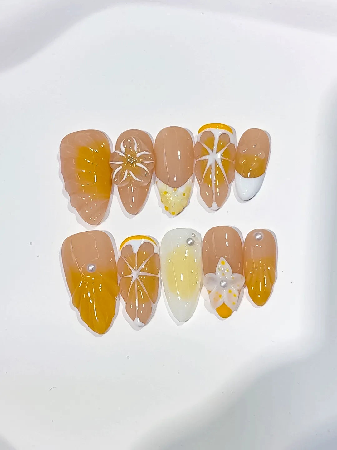 D538 - Medium Nude Yellow Almond French tip Flower Fruit