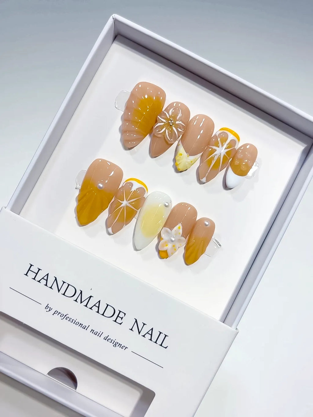 D538 - Medium Nude Yellow Almond French tip Flower Fruit