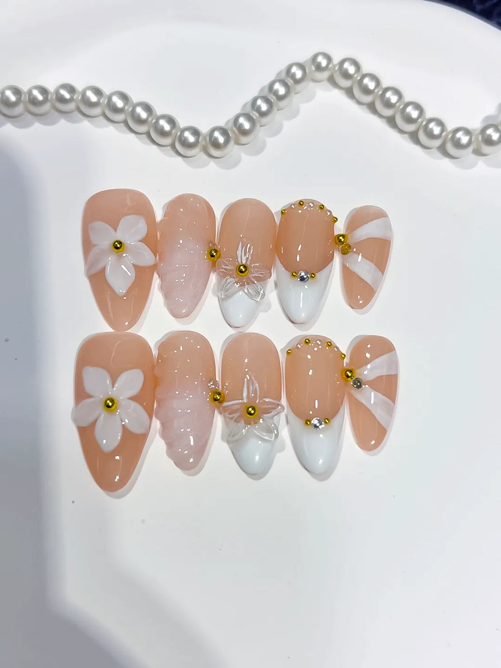 D540 - Medium Nude White Almond French tip Flower Shell