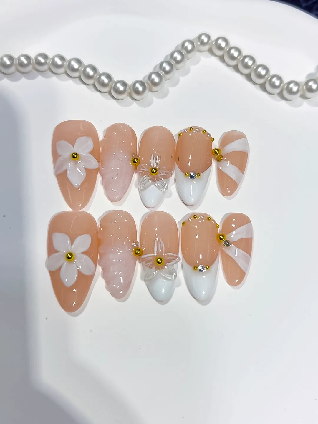 D540 - Medium Nude White Almond French tip Flower Shell