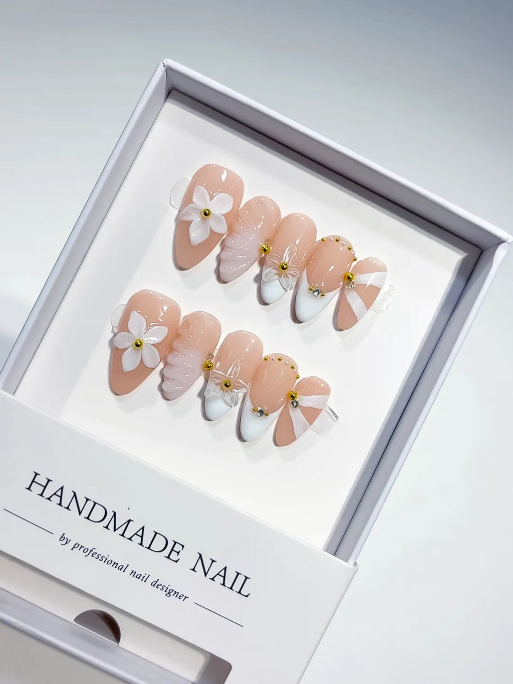 D540 - Medium Nude White Almond French tip Flower Shell