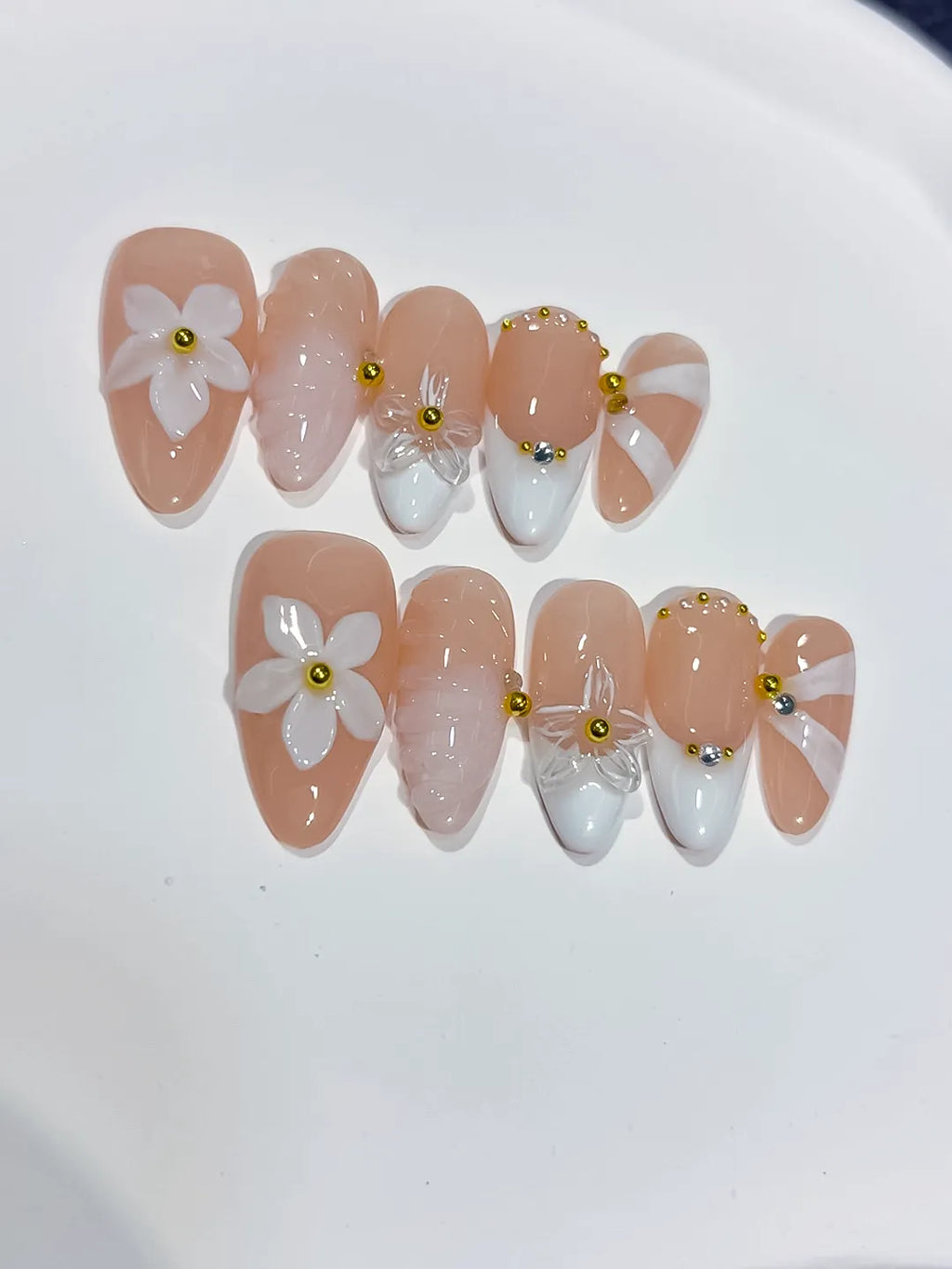 D540 - Medium Nude White Almond French tip Flower Shell