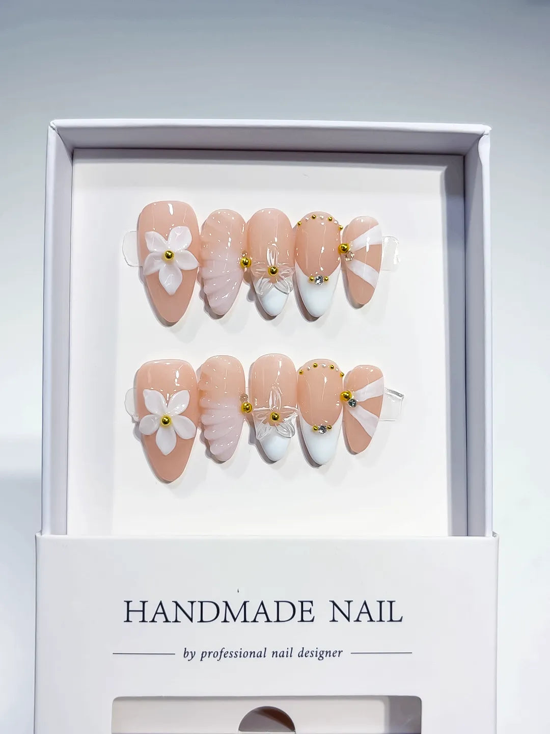 D540 - Medium Nude White Almond French tip Flower Shell