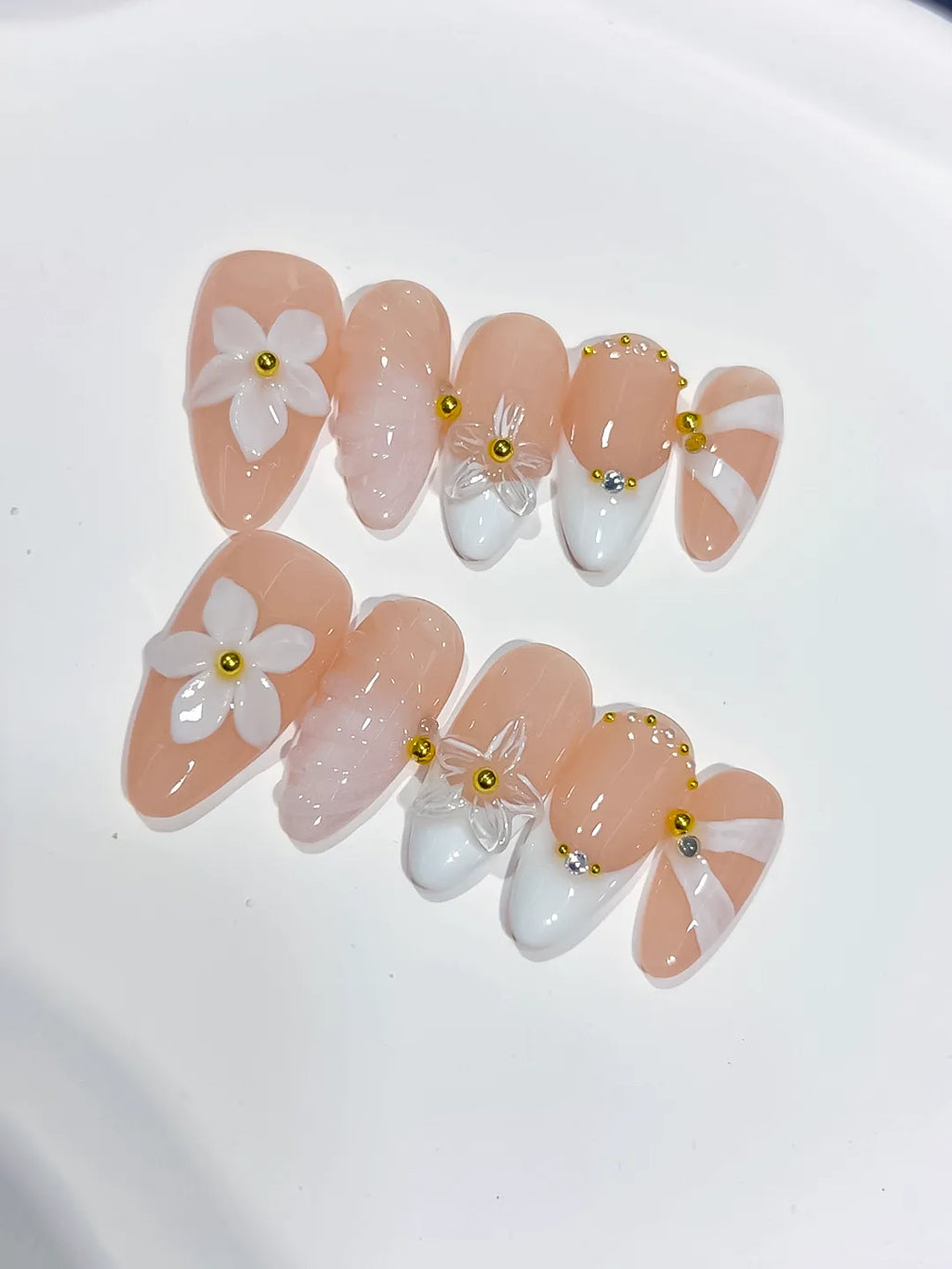 D540 - Medium Nude White Almond French tip Flower Shell