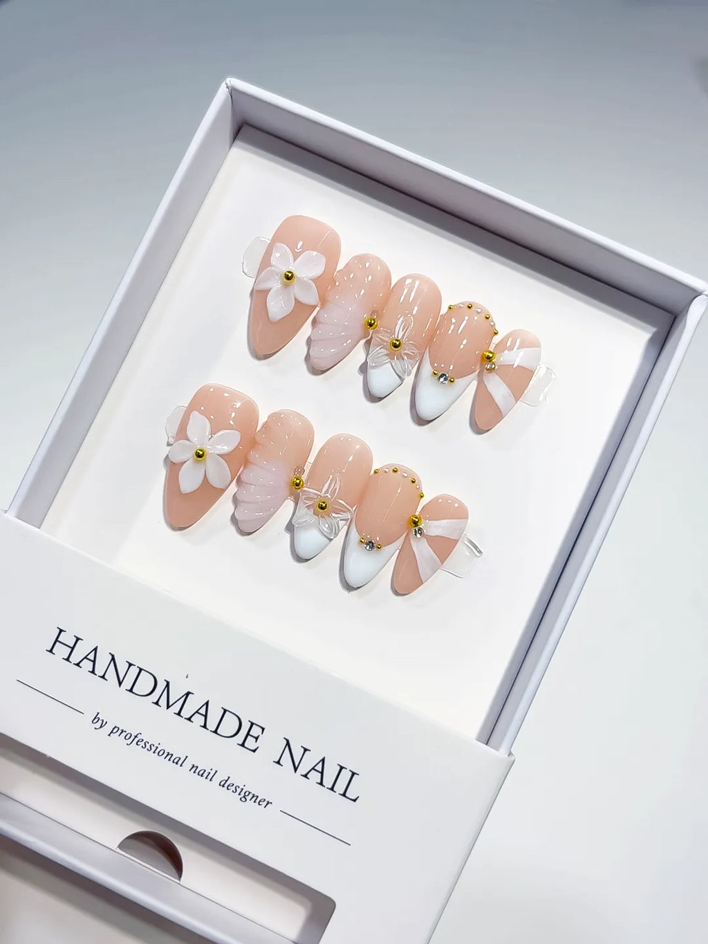 D540 - Medium Nude White Almond French tip Flower Shell