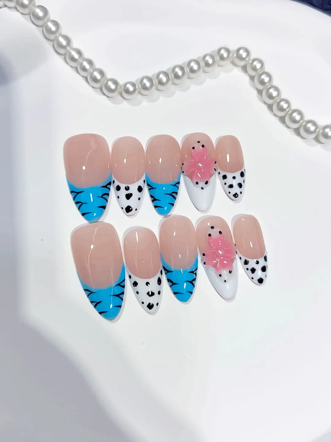 D541 - Medium Nude Blue Almond French tip Flower Dot Pattern