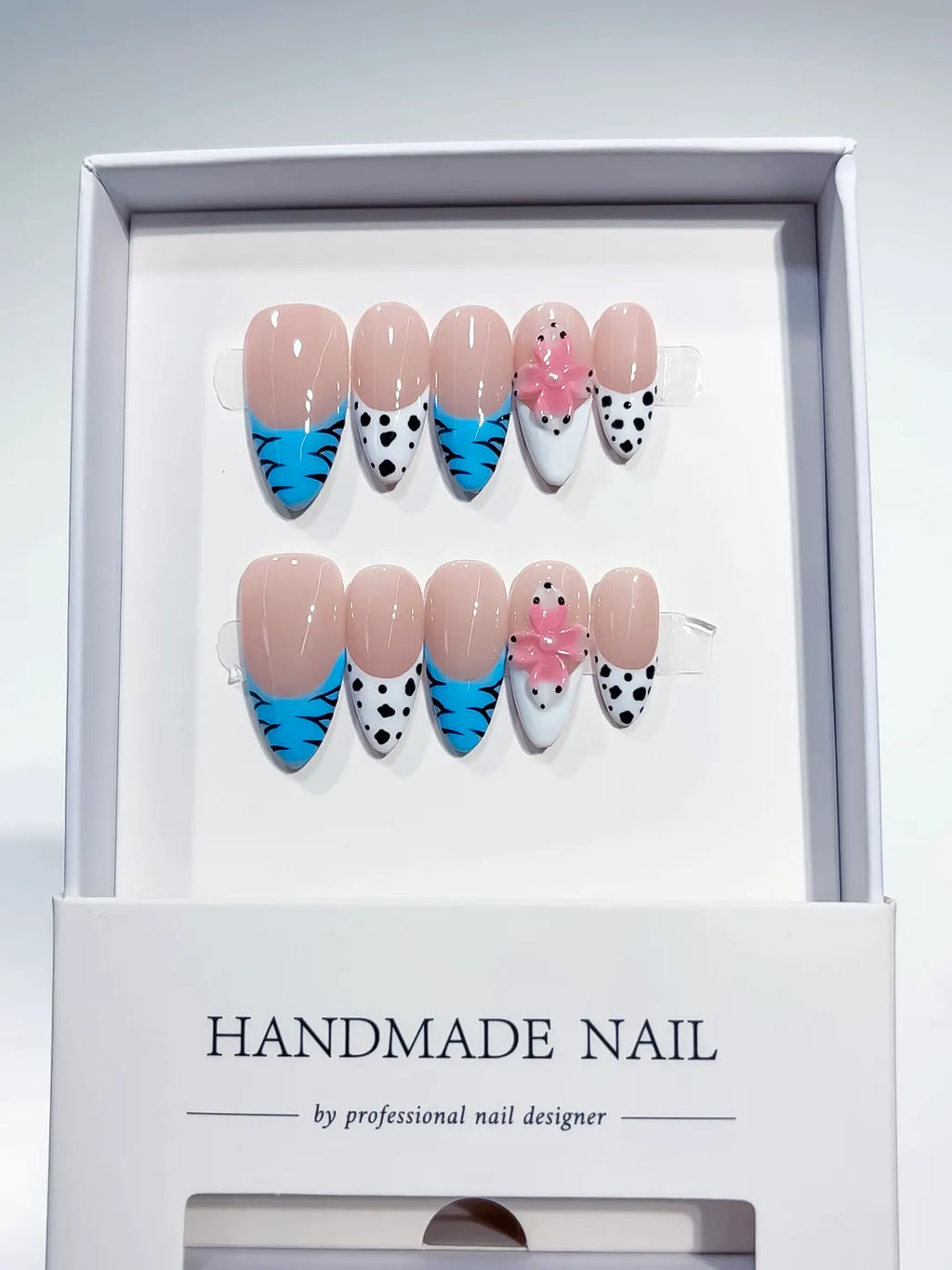 D541 - Medium Nude Blue Almond French tip Flower Dot Pattern