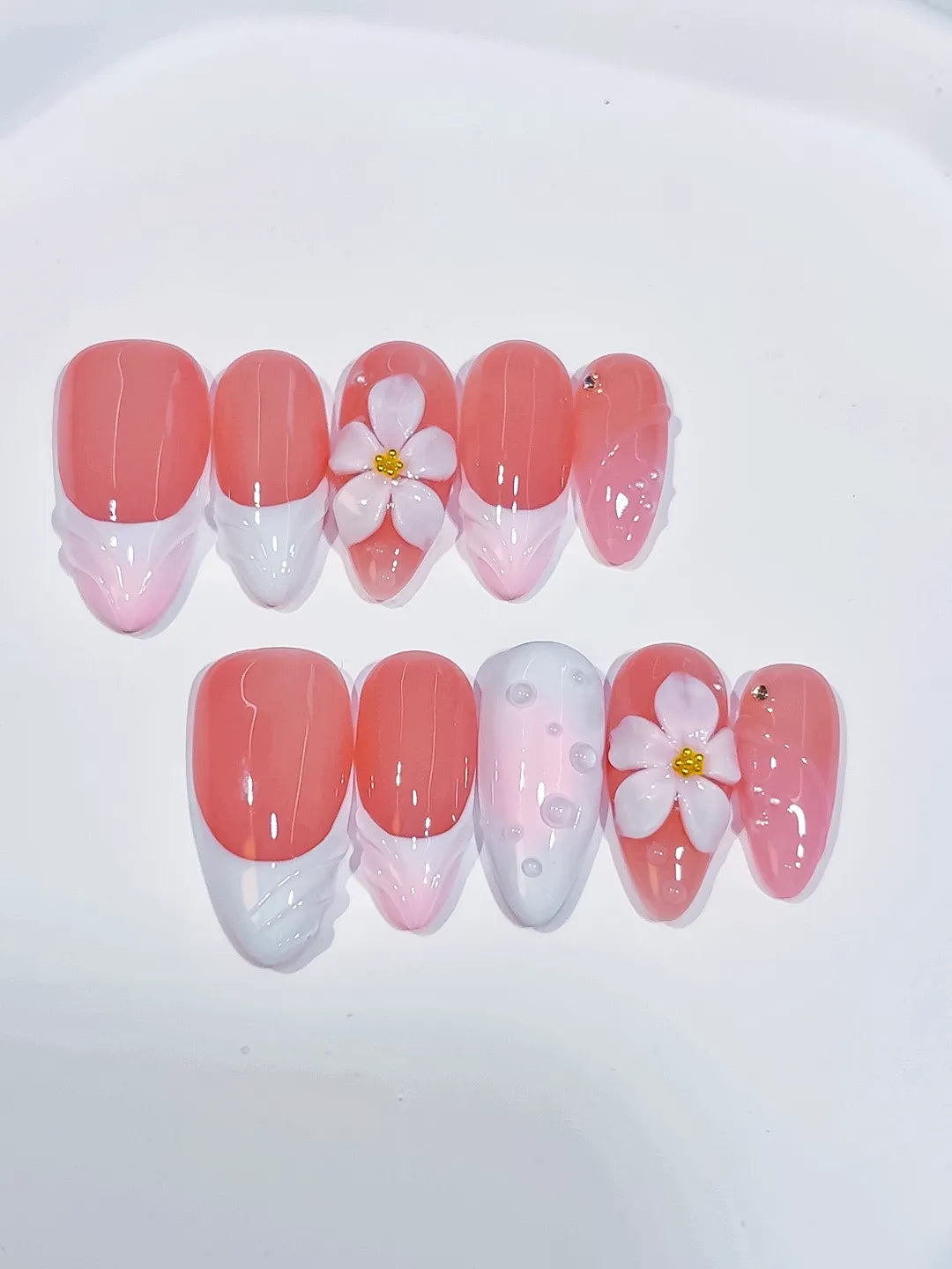 D542 - Medium Pink White Almond French tip Flower Shell