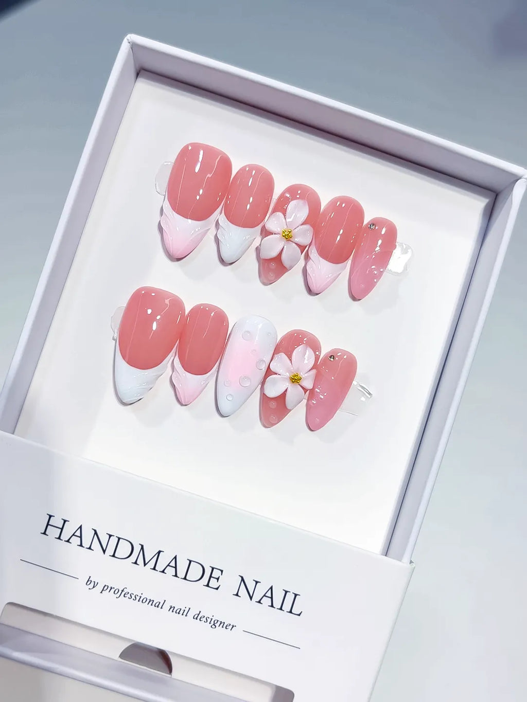 D542 - Medium Pink White Almond French tip Flower Shell