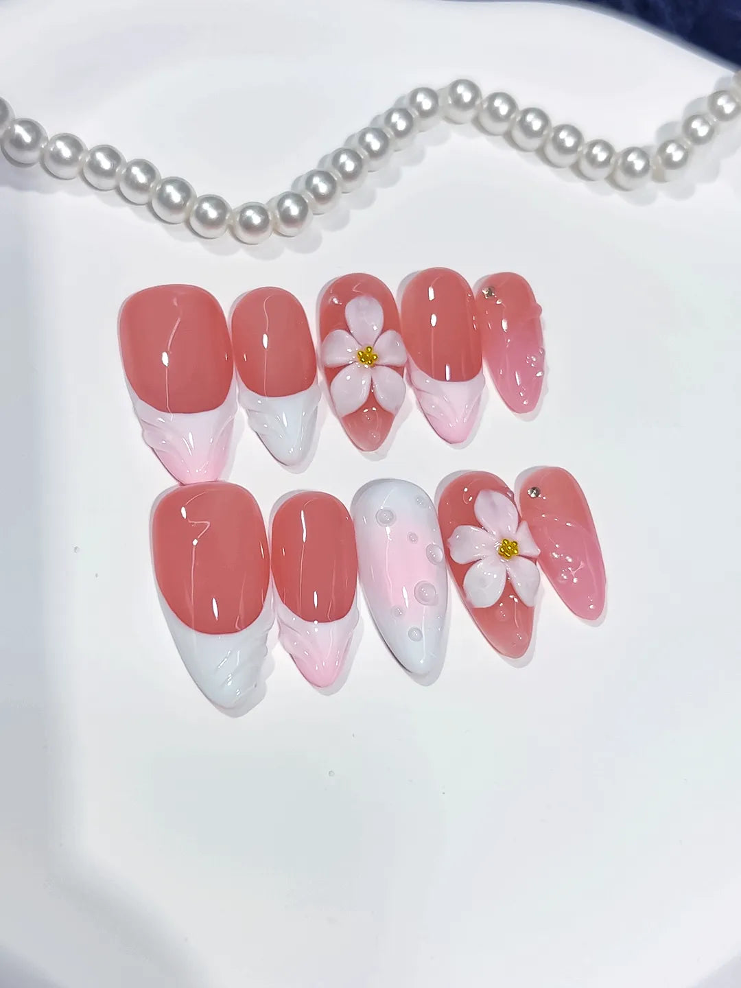 D542 - Medium Pink White Almond French tip Flower Shell