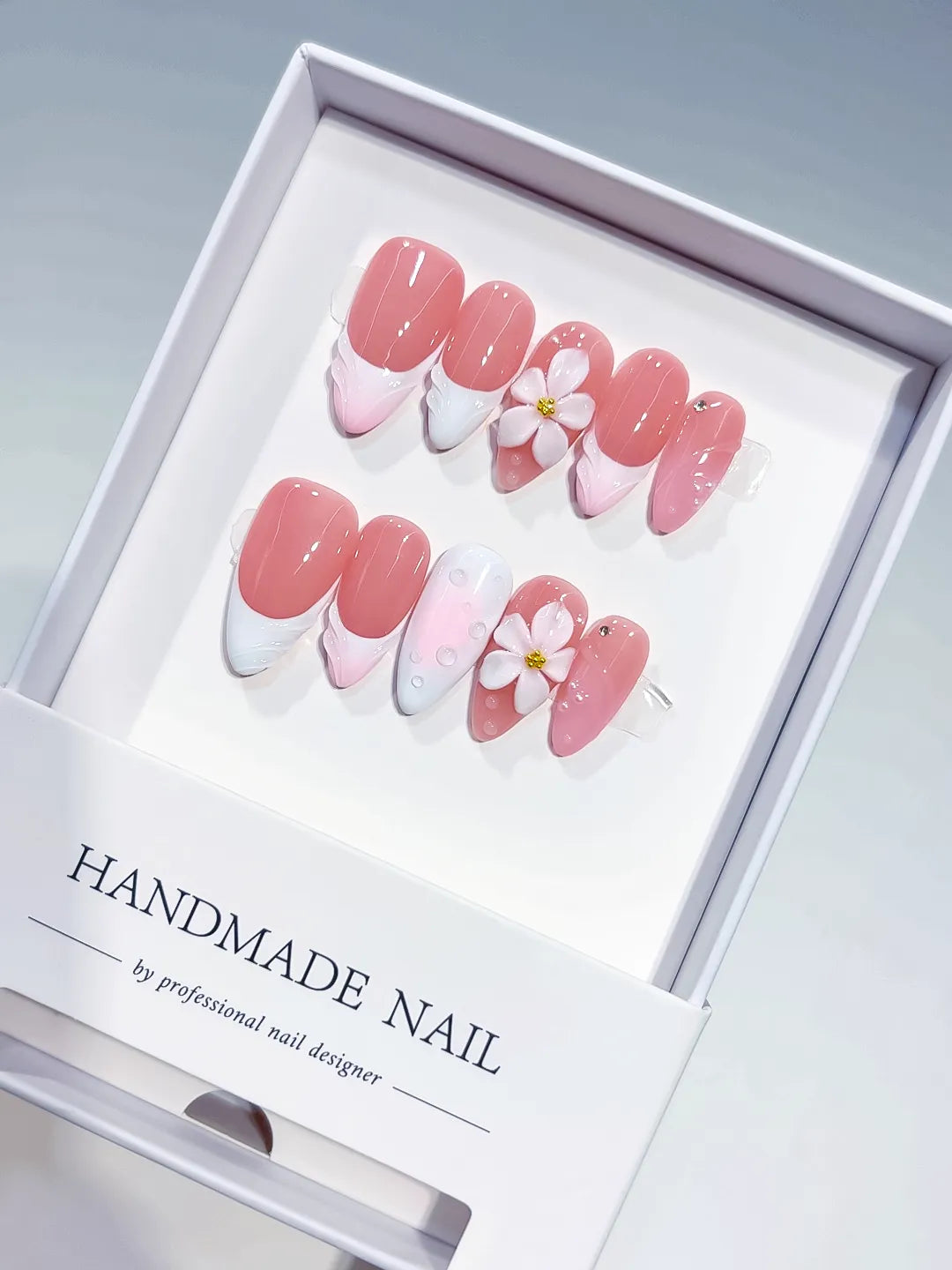 D542 - Medium Pink White Almond French tip Flower Shell