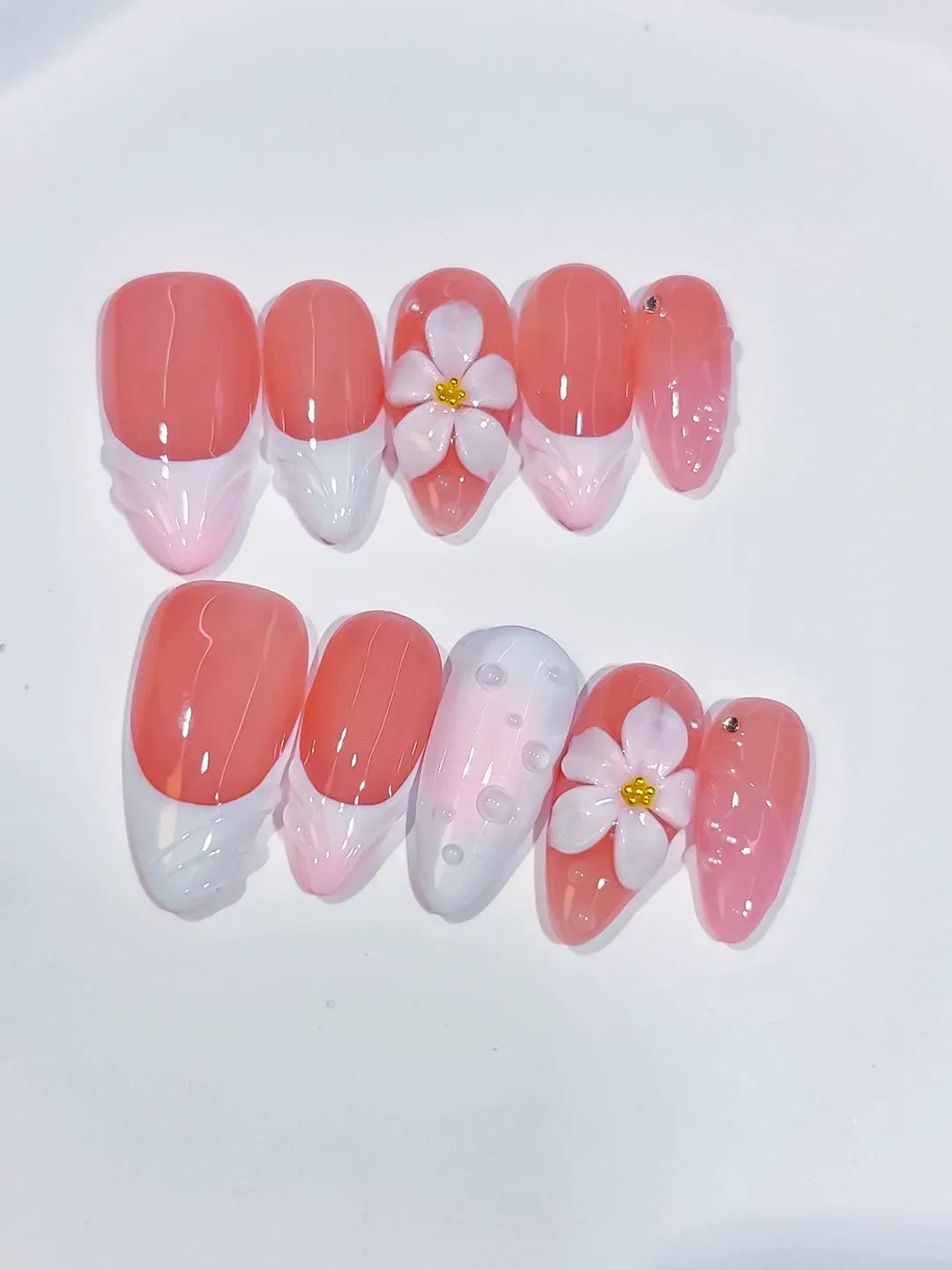 D542 - Medium Pink White Almond French tip Flower Shell