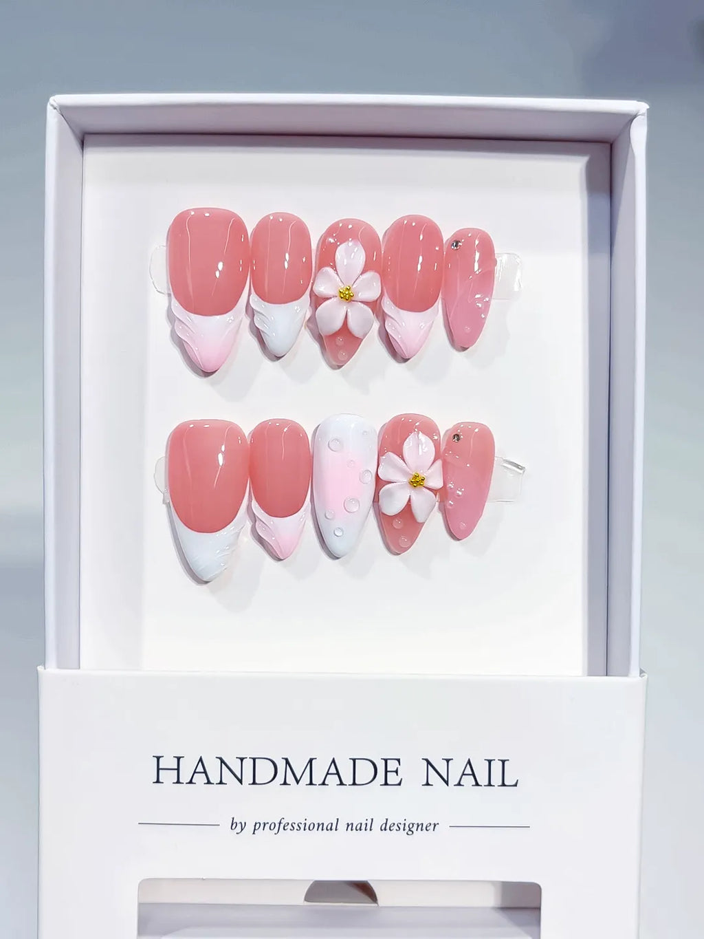 D542 - Medium Pink White Almond French tip Flower Shell