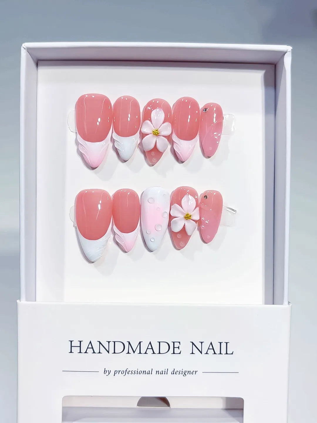 D542 - Medium Pink White Almond French tip Flower Shell