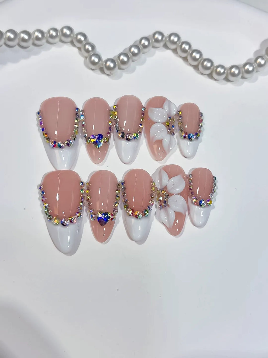 D543 - Medium Nude White Almond French tip Flower Rhinestone