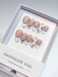 D543 - Medium Nude White Almond French tip Flower Rhinestone