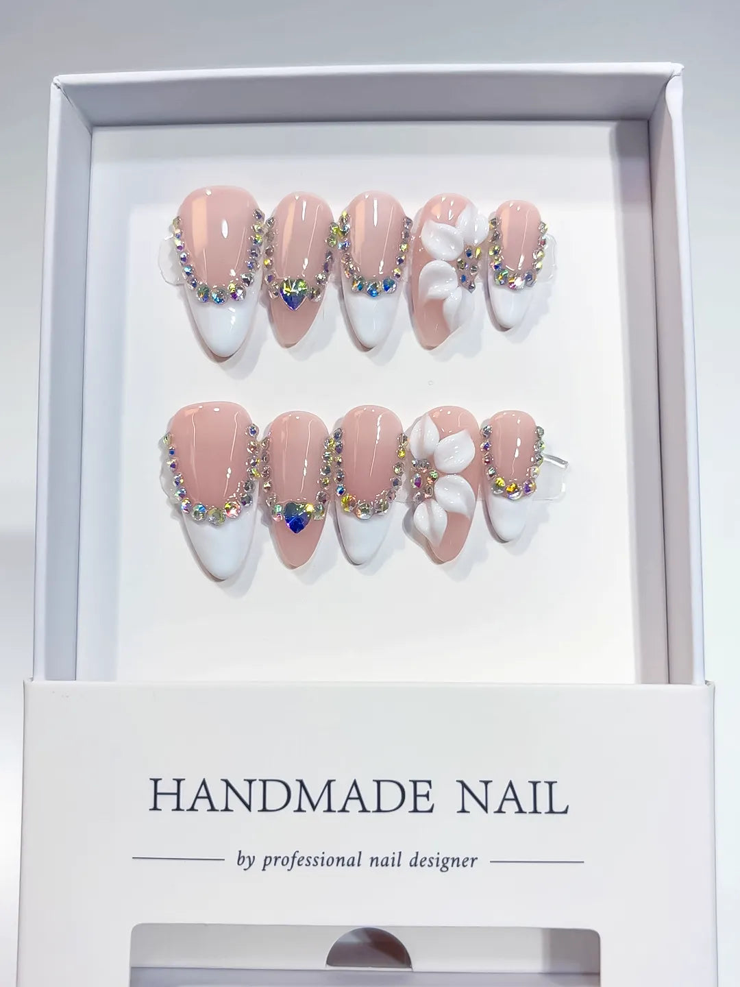 D543 - Medium Nude White Almond French tip Flower Rhinestone