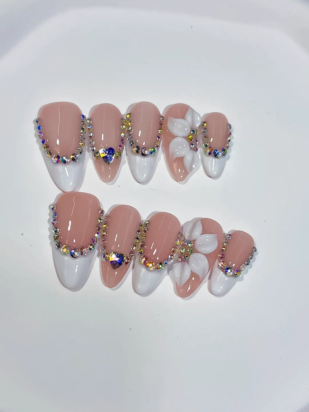 D543 - Medium Nude White Almond French tip Flower Rhinestone