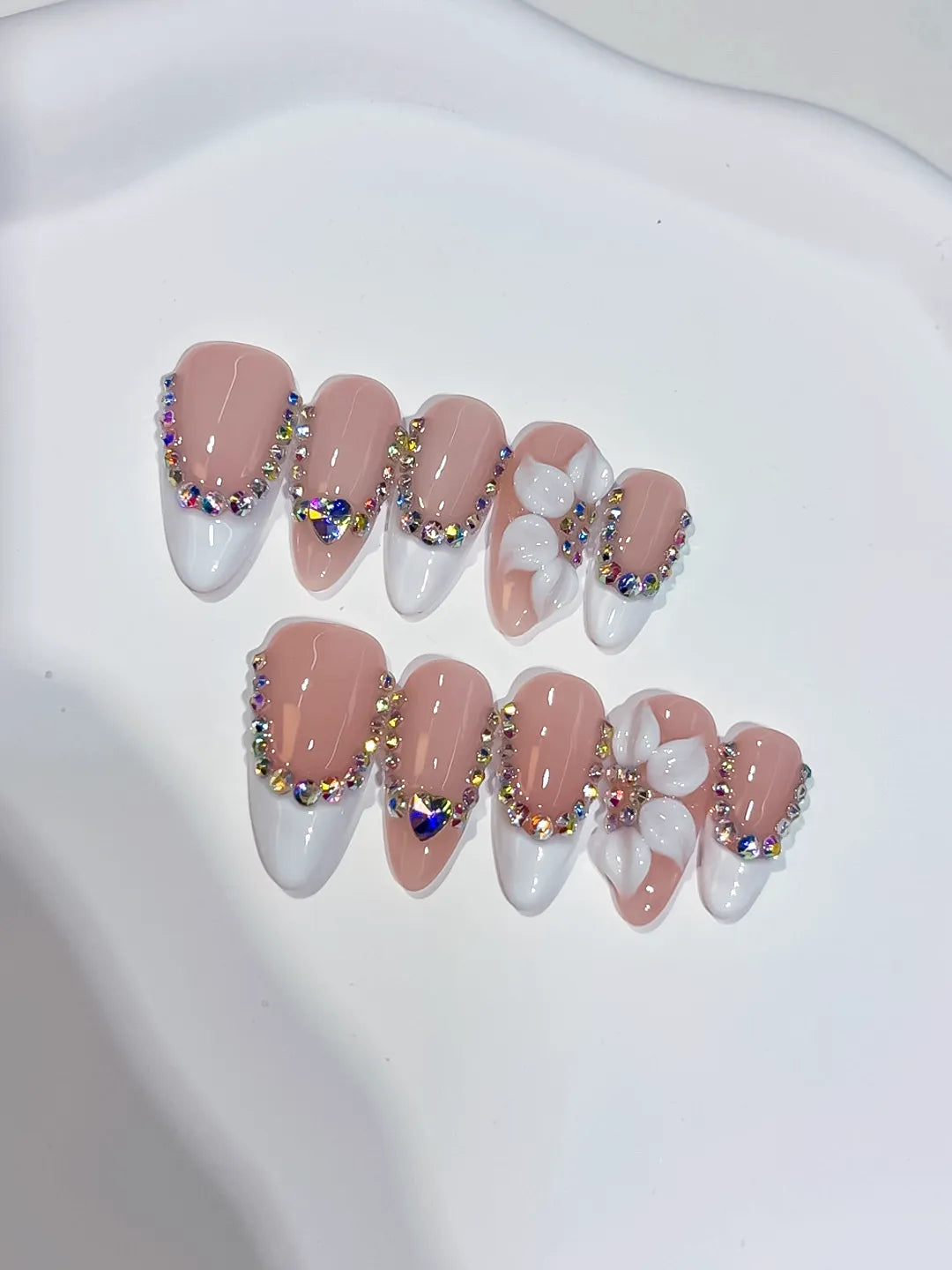 D543 - Medium Nude White Almond French tip Flower Rhinestone