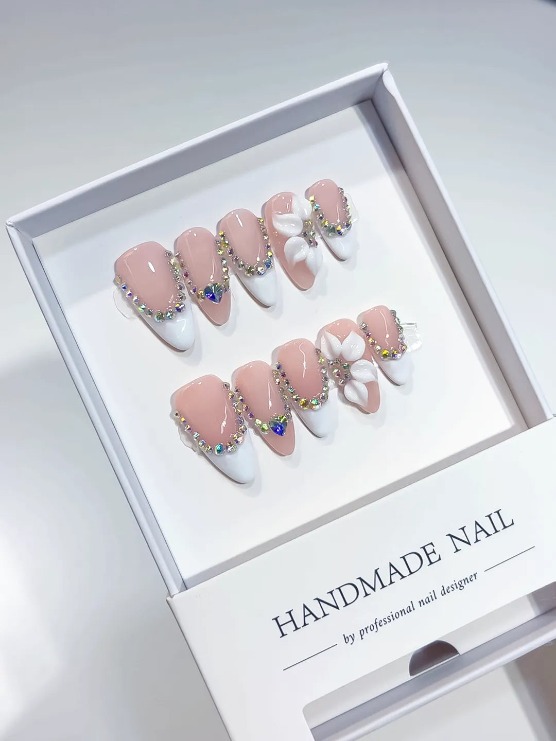 D543 - Medium Nude White Almond French tip Flower Rhinestone