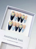 D545 - Medium Nude Black Almond French tip Flower Heart