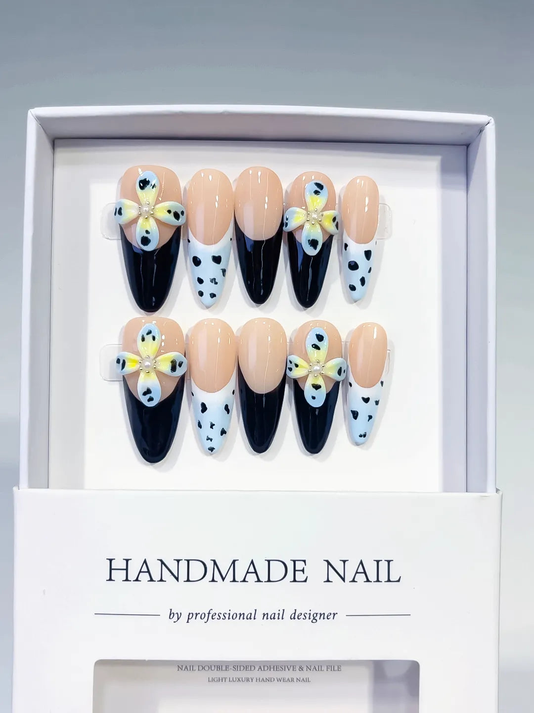 D545 - Medium Nude Black Almond French tip Flower Heart