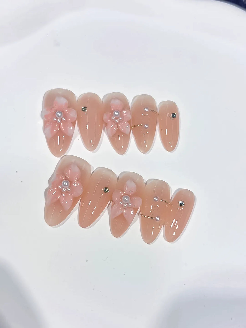 D548 - Medium Nude Pink Almond Solid color Flower Pearl