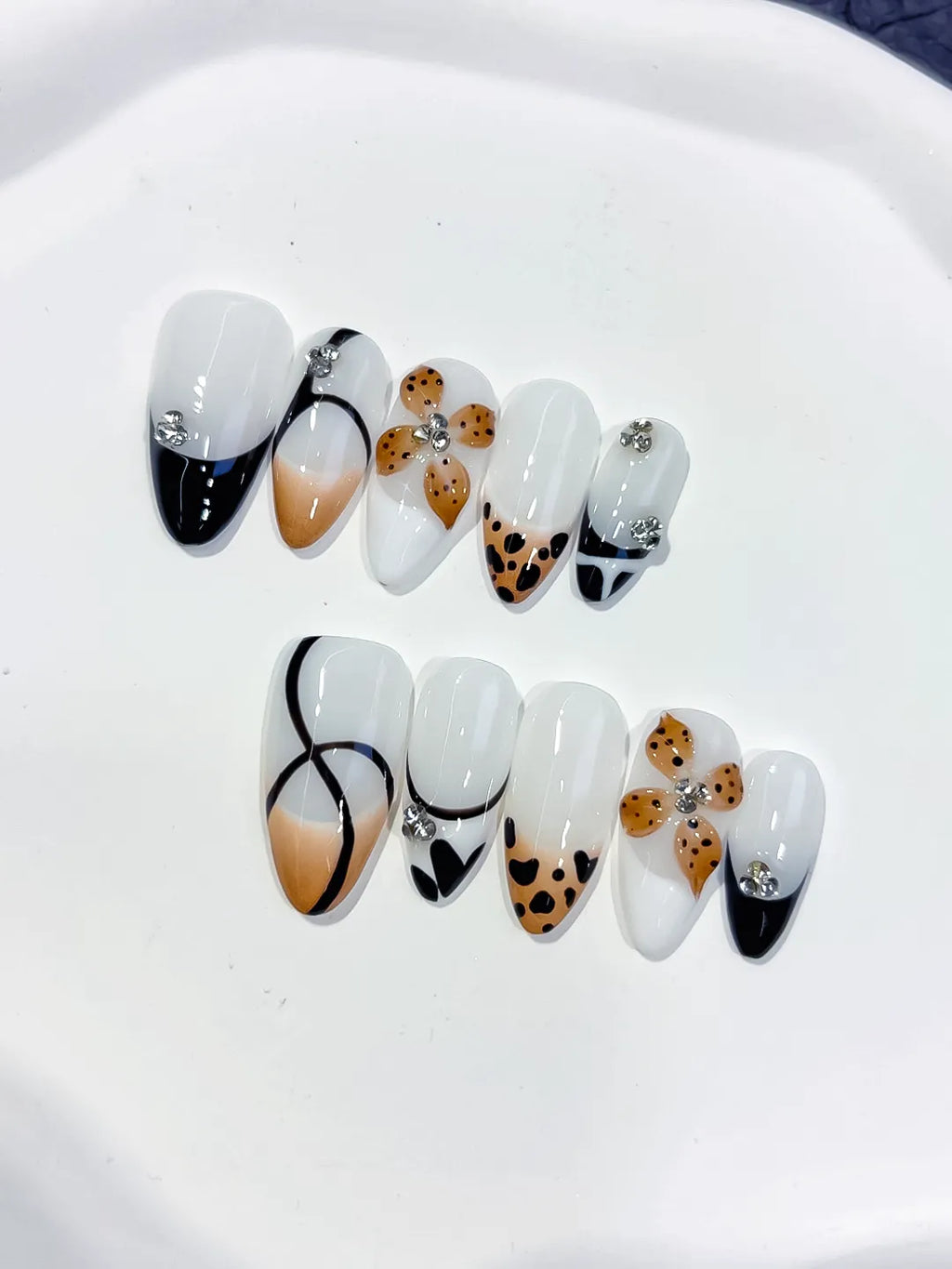 D558 - Medium White Black Almond French tip Flower Animal Print