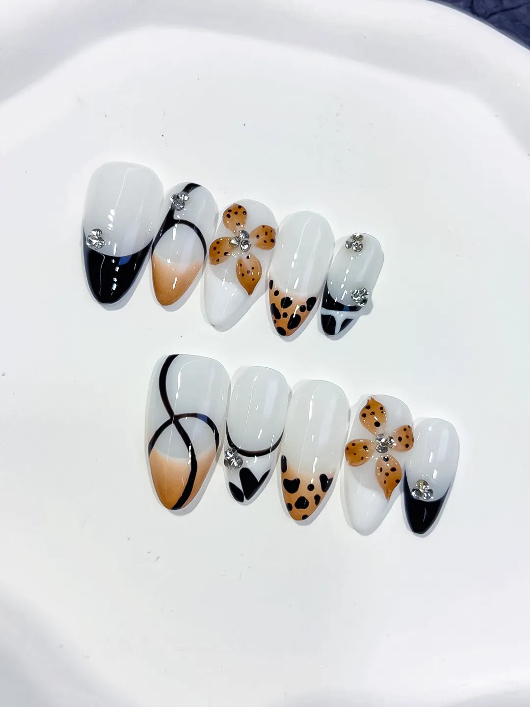 D558 - Medium White Black Almond French tip Flower Animal Print